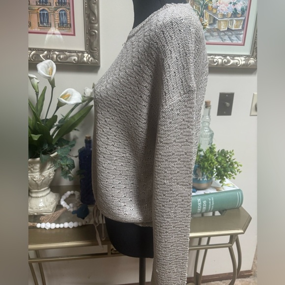 SIONI Shimmering Sparkling Cream Lightweight Tie Front Crochet Sweater Top SZ M - Picture 6 of 10